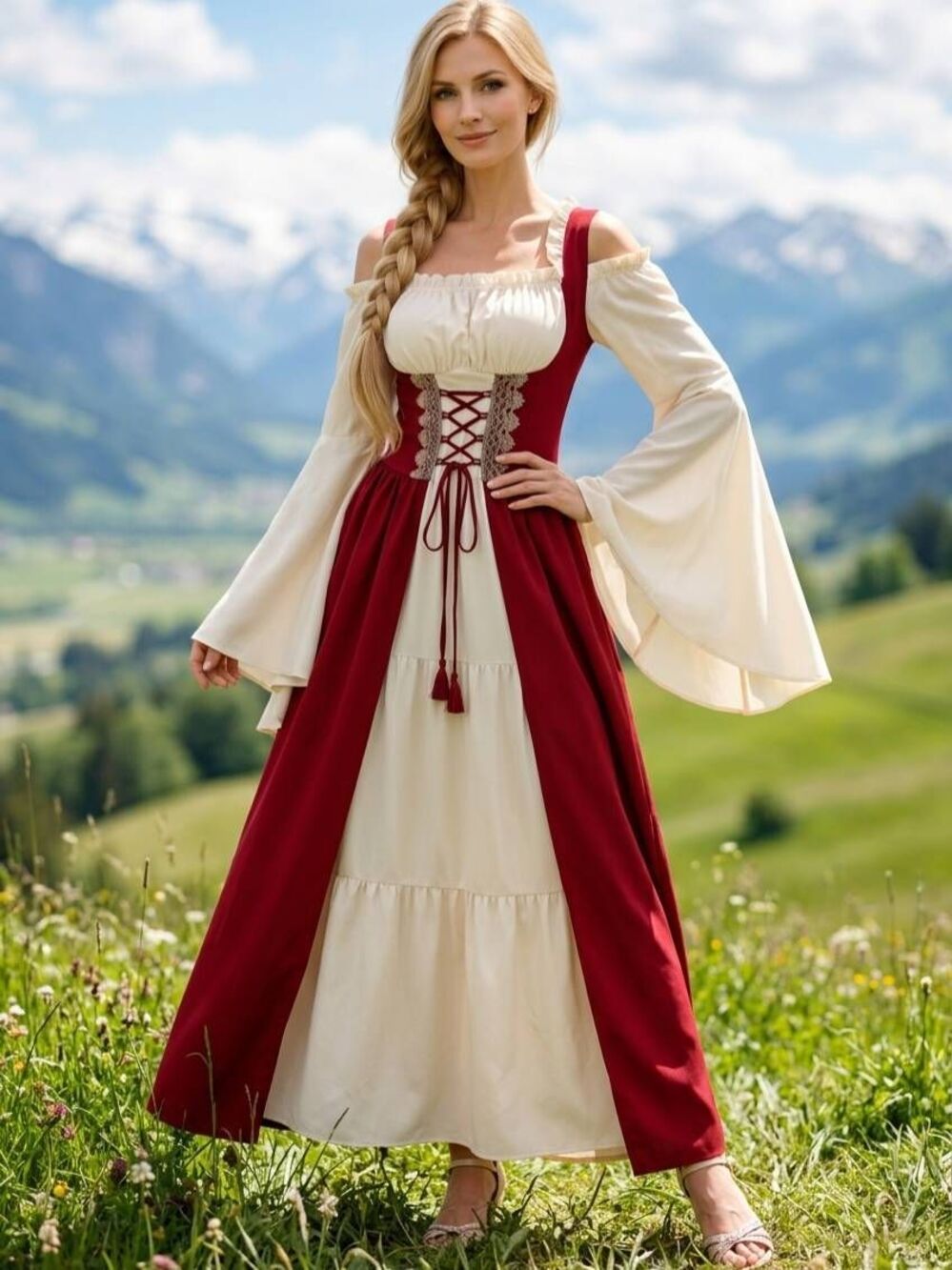 ☔️🩵NIB Red & Cream Renaissance Long Flare Sleeve Dress Small